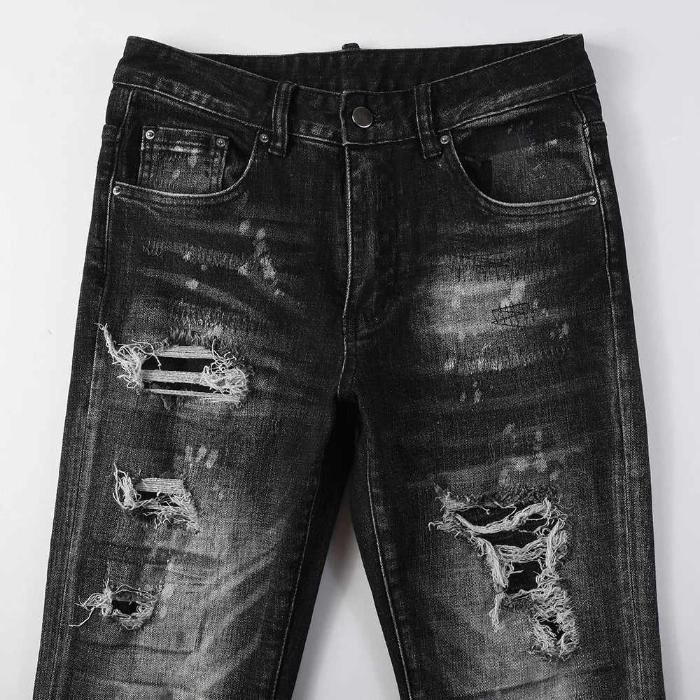 Men Ripped Distressed Black Slim Tapered Jeans