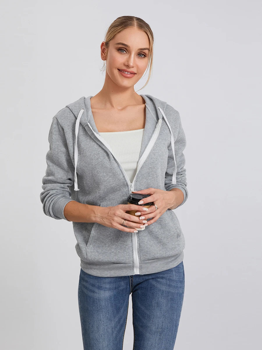 Women s Zip Up Hoodies Long Sleeve Solid Color Classic Fit Sweatshirts Jackets Streetwear Tops