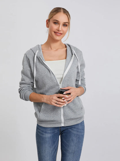 Women s Zip Up Hoodies Long Sleeve Solid Color Classic Fit Sweatshirts Jackets Streetwear Tops