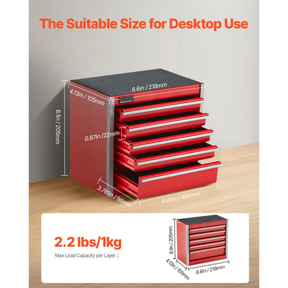 5-Drawer Metal Tool Box Red/Black Portable Tools Storage