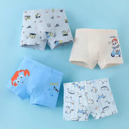 4PCS Boys Cute Cotton Antibacterial Breathable Print Underwear