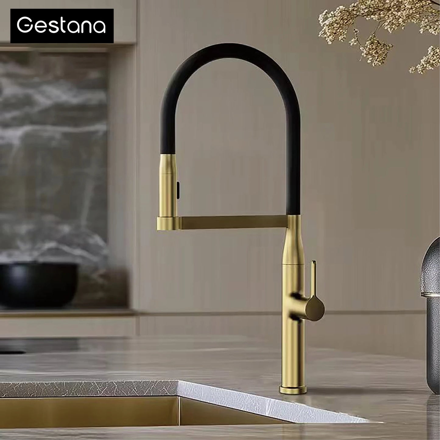 Luxury Brushed Gold Brass Pull Out Kitchen Faucet