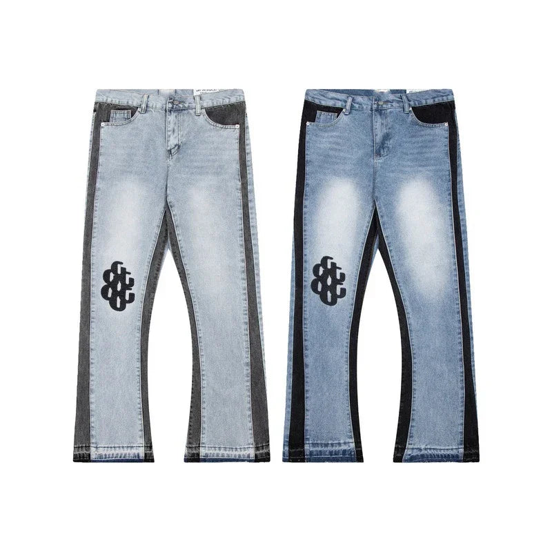 Retro Washed Spliced Denim High Brand Jeans