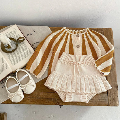 2 Pcs Baby Girls Long Sleeve Striped Cardigan Coat+ Shorts
