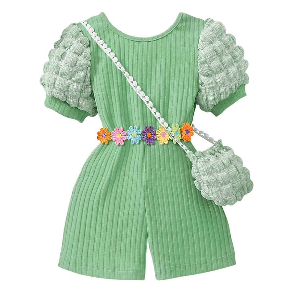 Girls Bubble Sleeve Ribbed Short Romper Set