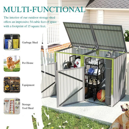 Outdoor Garbage Bin Shed with 54 cu ft Storage, Stainless Galvanized Steel, Grey, for Garden Yard Use