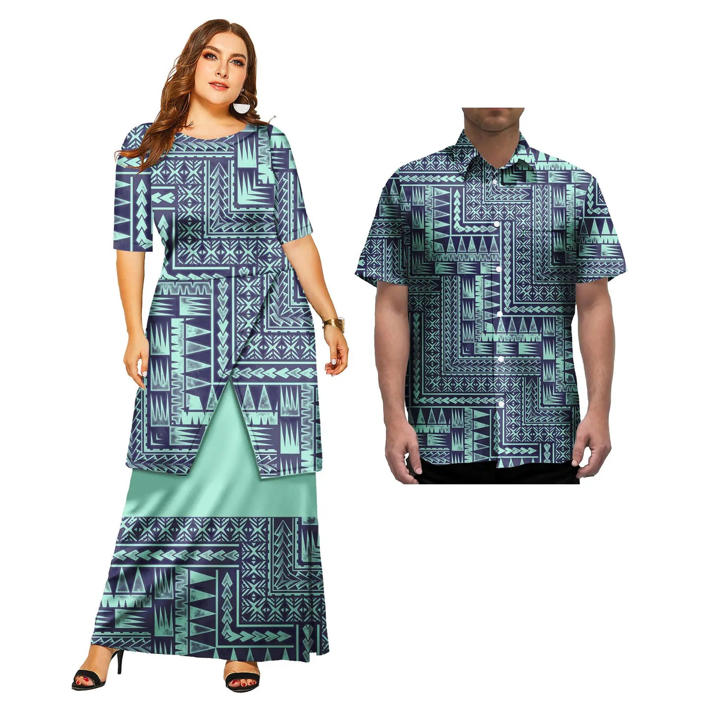 2 Pcs Custom Polynesian Traditional Dresses and Mens Shirts