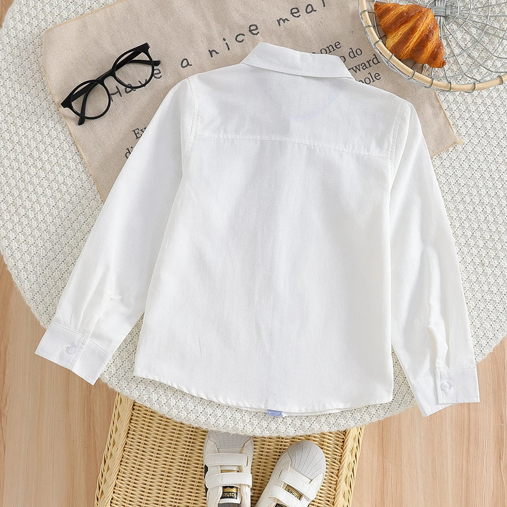Boys' White Long Sleeve Shirt Embroidery Casual
