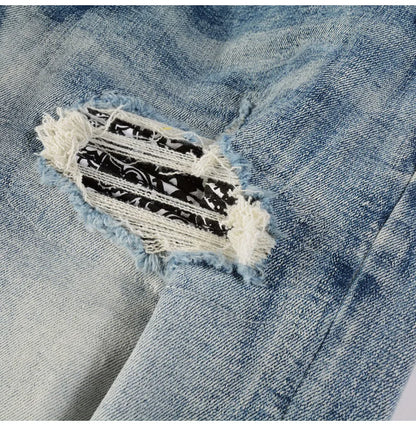 Men Paisley Bandana Print Patch Jeans Skinny