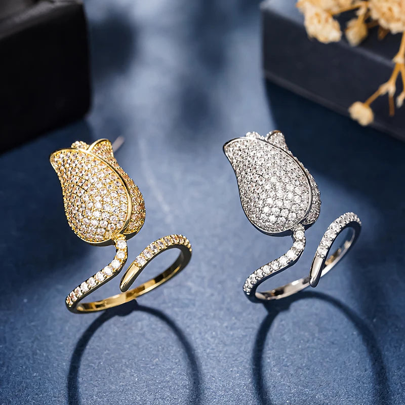 Romantic Tulip Design Flower Rings with Dazzling CZ