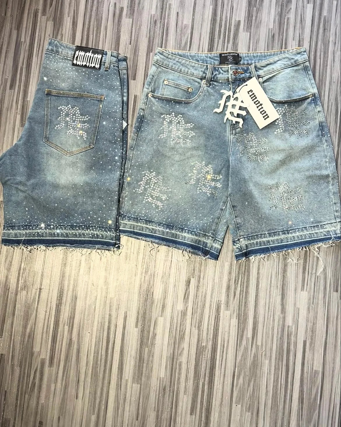 Retro Studded Lettering Denim Shorts Mens and Womens