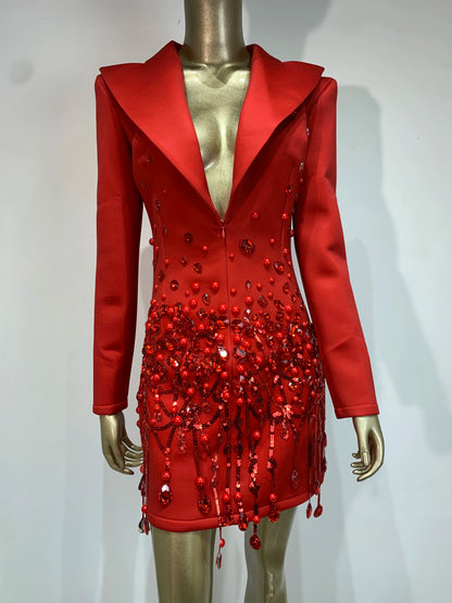 Sparkly Crystal Pearls Mini Dress Luxury Red Fashion