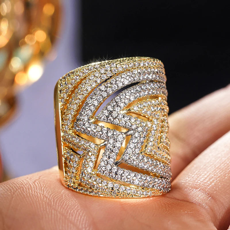 Hollow Geometric Luxury Wide Band Two Tone