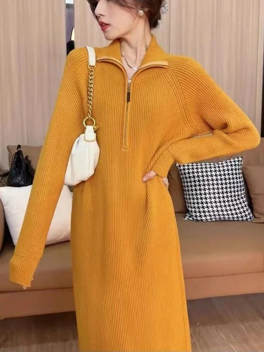 Plain Long Polo Collar Woman Knitted Dress