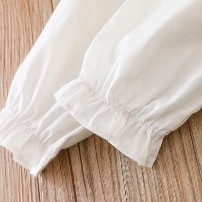 Girls' White Blouse Floral Embroidered Collar Bow