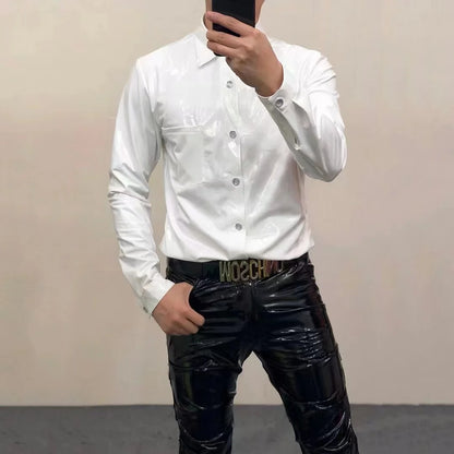 Men's Shiny Leather Casual Color Button-Down