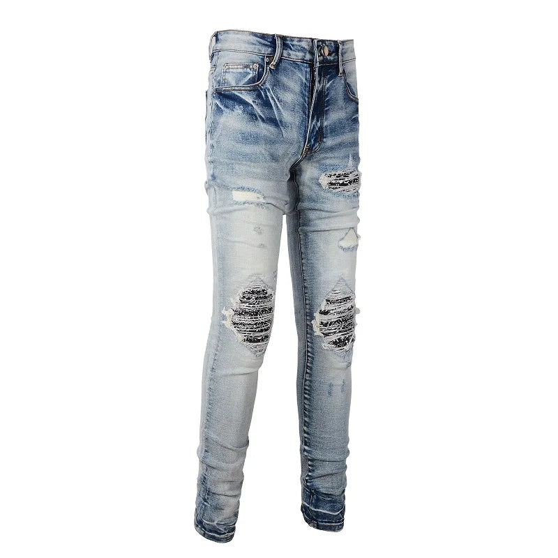 Men Paisley Bandana Print Patch Jeans Skinny