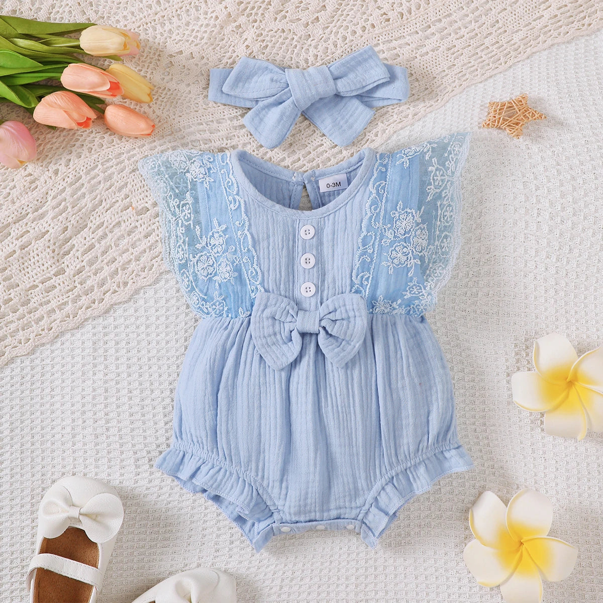 0-18 Month Solid Color Sleeveless Round Neck Lace Edge