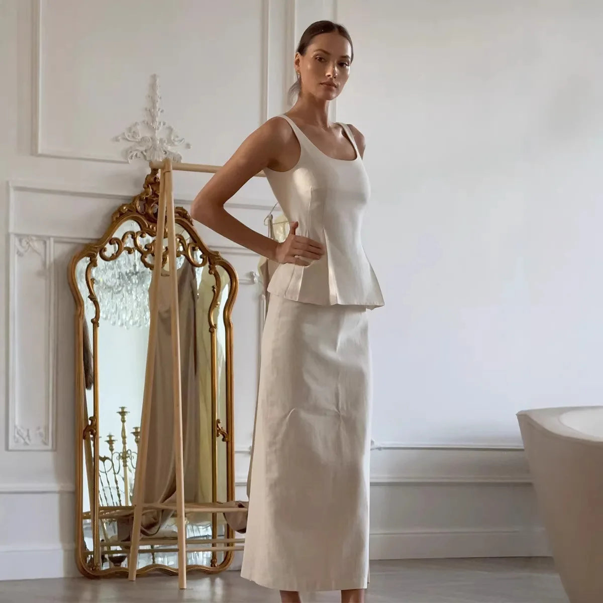2 Pcs Cotton Strap Long Skirt Set Thin Belt