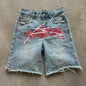 Graffiti Rhinestone Denim Baggy Shorts Men Women