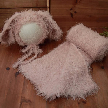 Vintage Knit Stretch Fuzzy Wrap And Bunny Hat