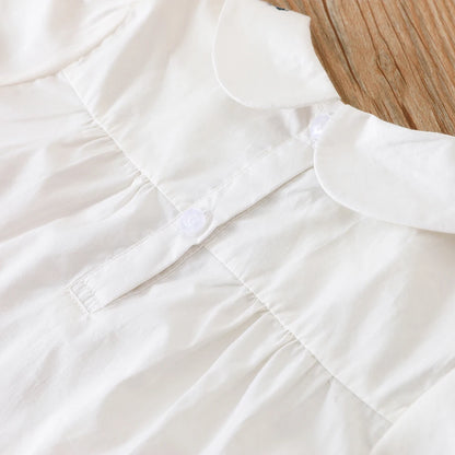 Girls' White Blouse Floral Embroidered Collar Bow