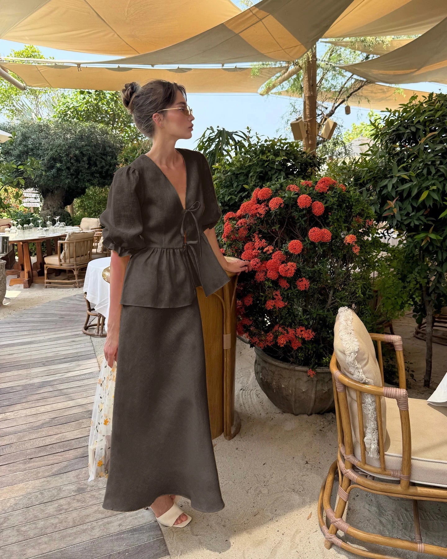 2 PCS V-Neck Lace-Up Bubble Sleeve Shirt  Long Skirt