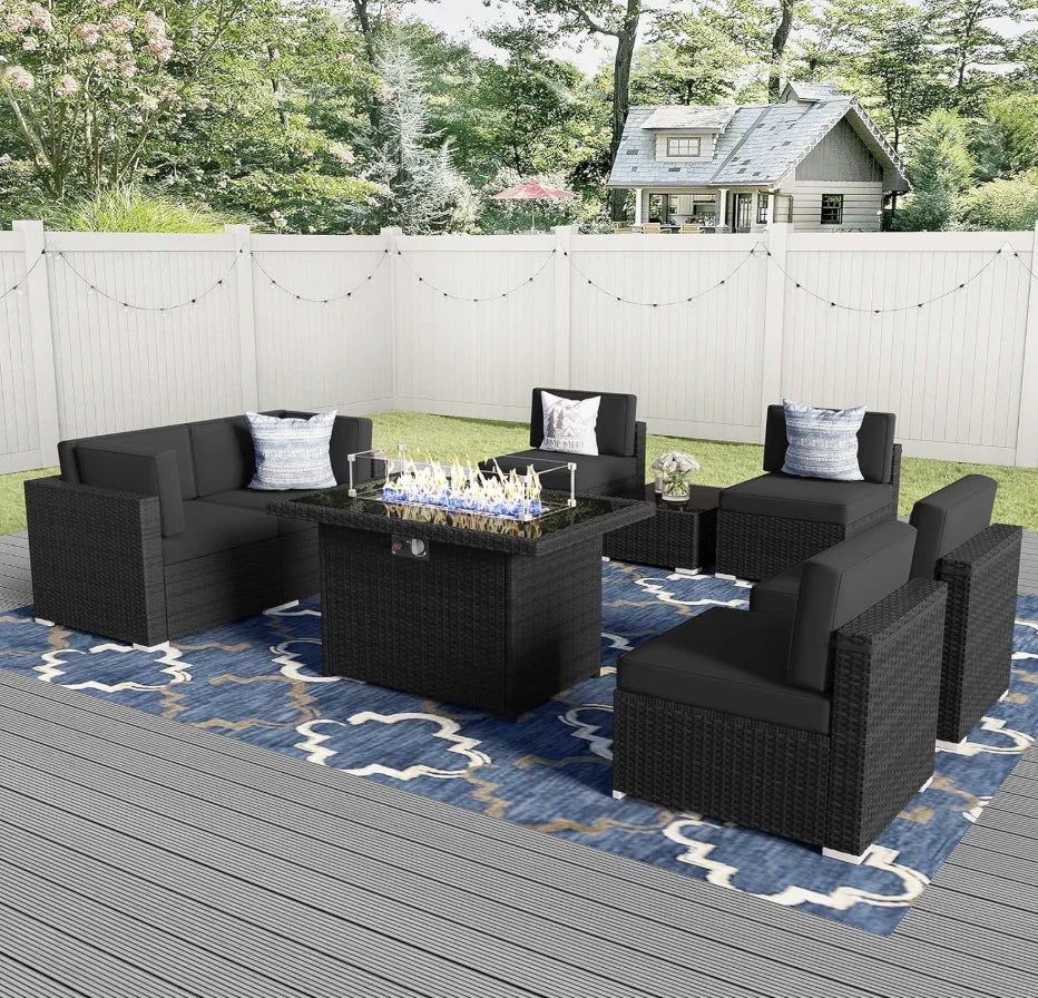 8 Pieces Patio Outdoor Sectional Wicker Sofa, Fire Pit Set