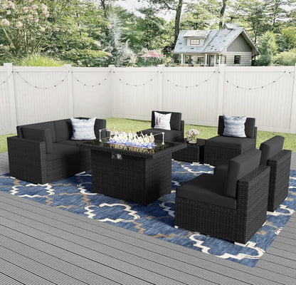 8 Pieces Patio Outdoor Sectional Wicker Sofa, Fire Pit Set