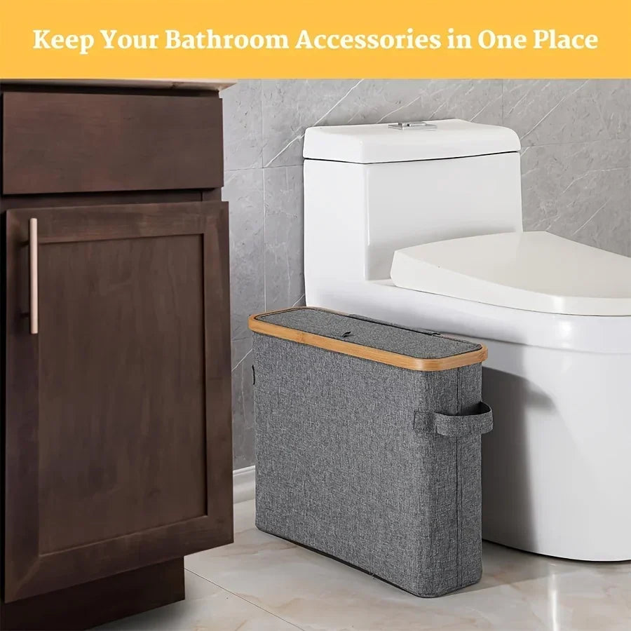 Bamboo toilet paper holder with lid organizer