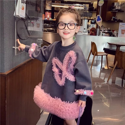 Girls' Casual Stylish Patchwork Tulle Hoodie Dresses