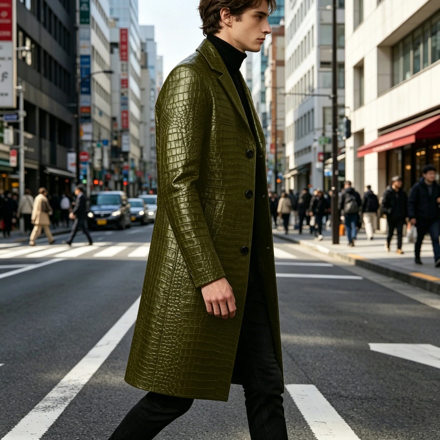 Men's Crocodile Leather Trench Coat Luxury Long