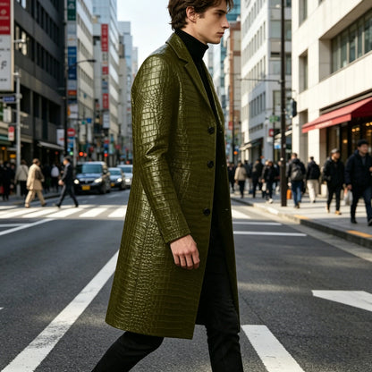 Men's Crocodile Leather Trench Coat Luxury Long