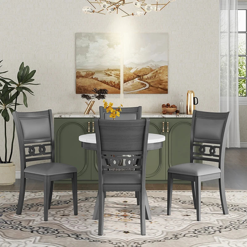 5-Piece Round Dining Table PU-leather Chairs