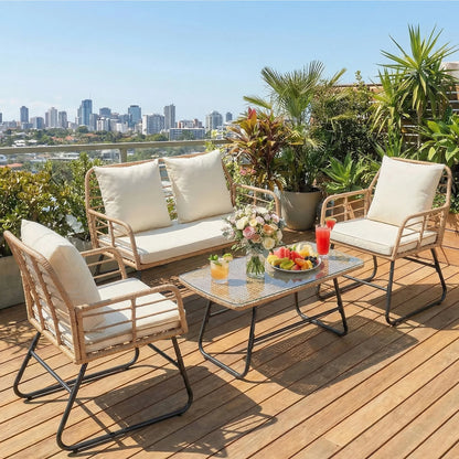 4 PCS Outdoor Wicker Patio Furniture Soft Cushion