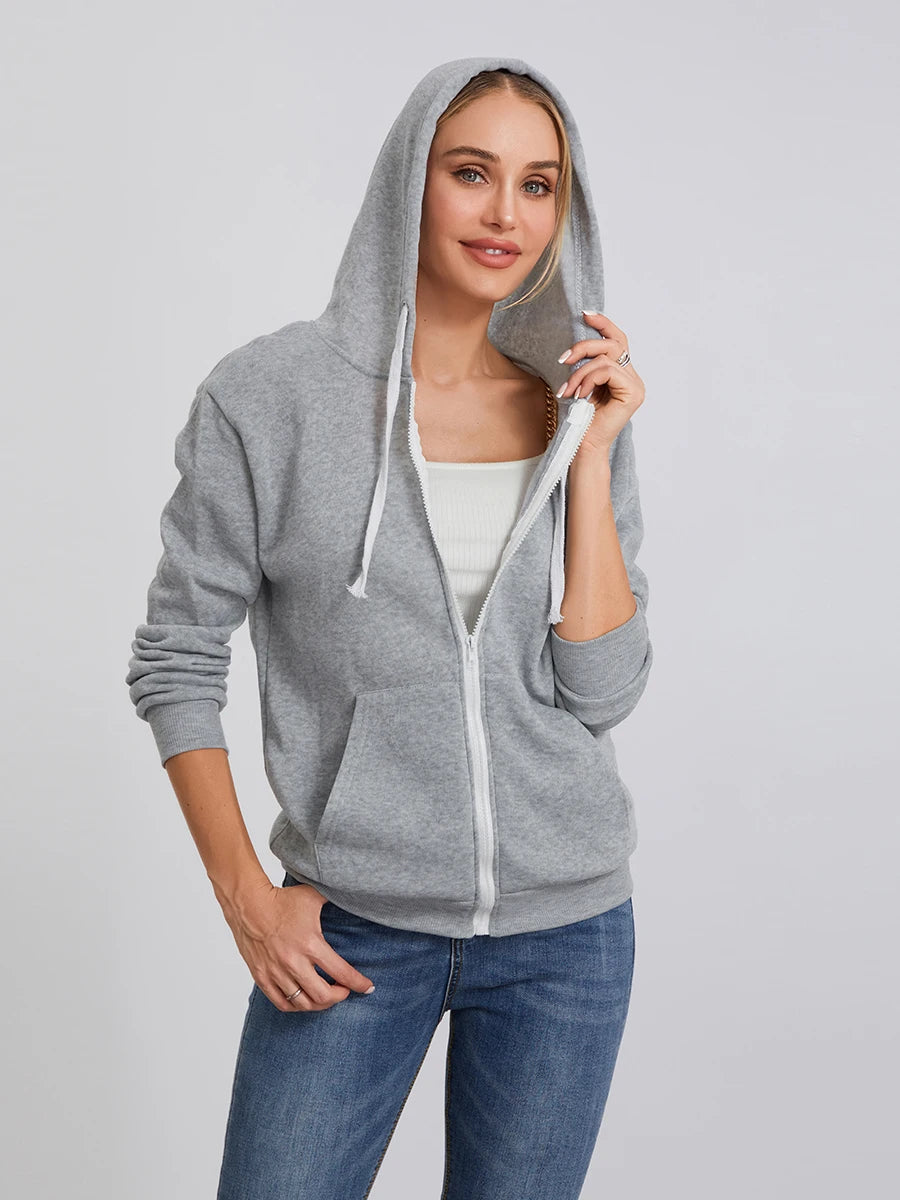 Women s Zip Up Hoodies Long Sleeve Solid Color Classic Fit Sweatshirts Jackets Streetwear Tops
