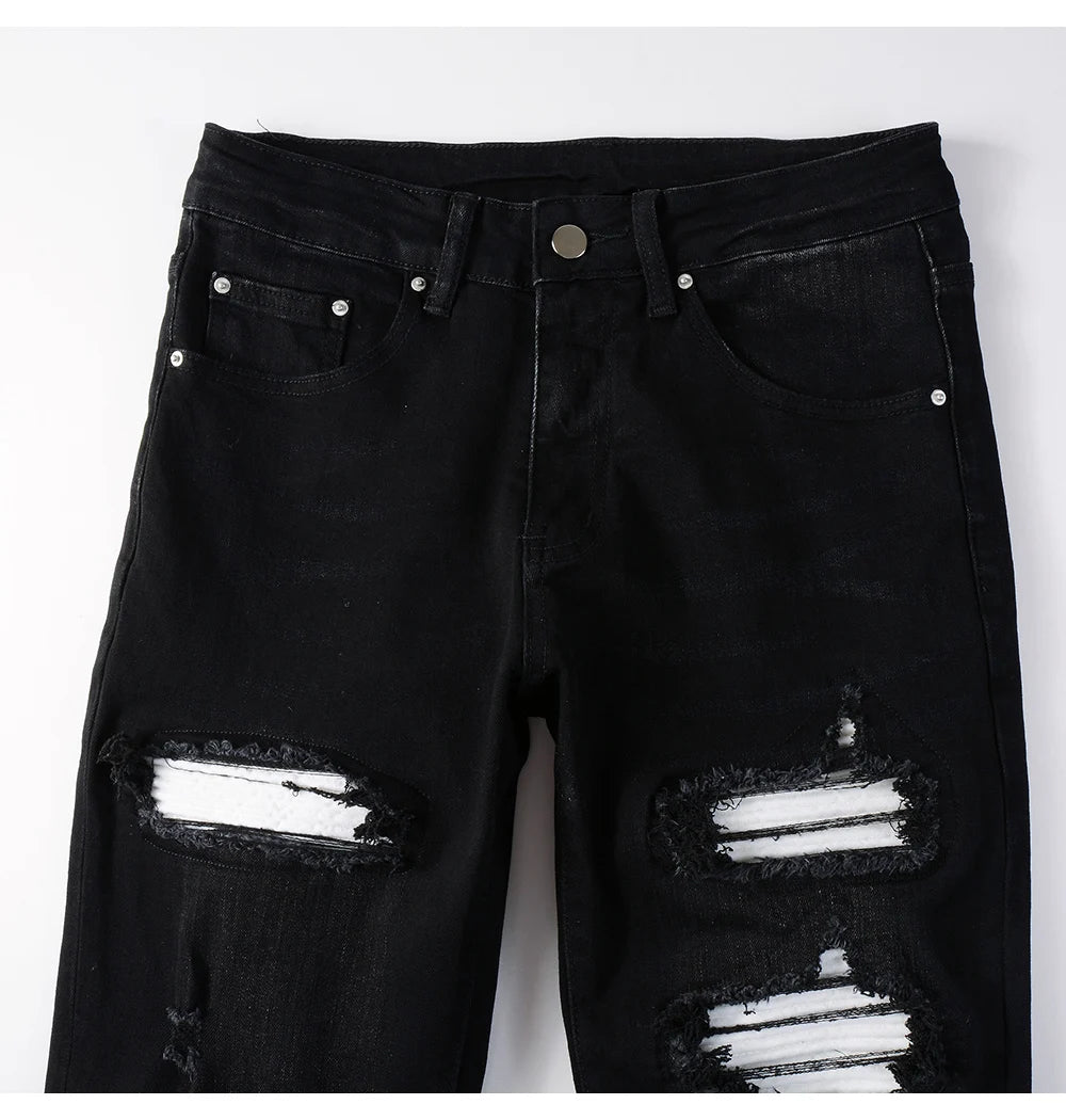 Men's White Pleated Patch Denim Jeans Streetwear