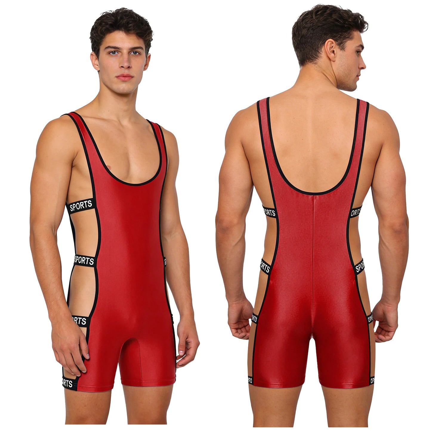 Mens Oil-shiny Workout Bodysuit Low Neckline