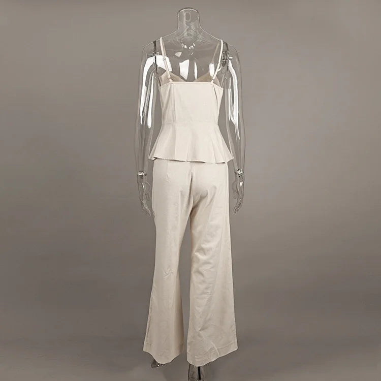 2 Pcs Office Pant Suits Solid Beige Wide Leg