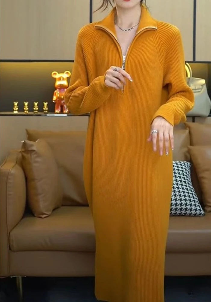 Plain Long Polo Collar Woman Knitted Dress