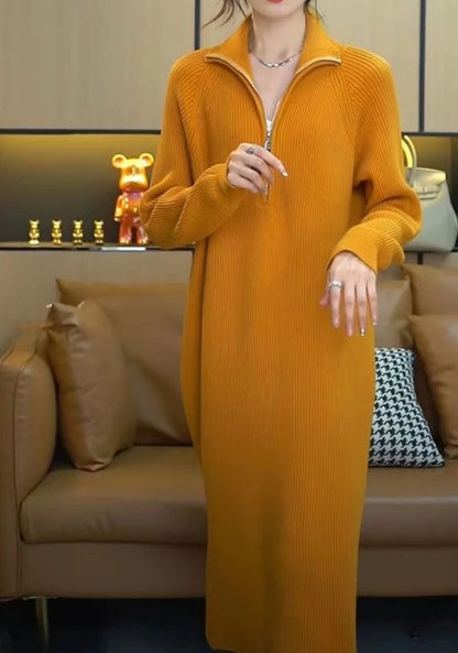 Plain Long Polo Collar Woman Knitted Dress