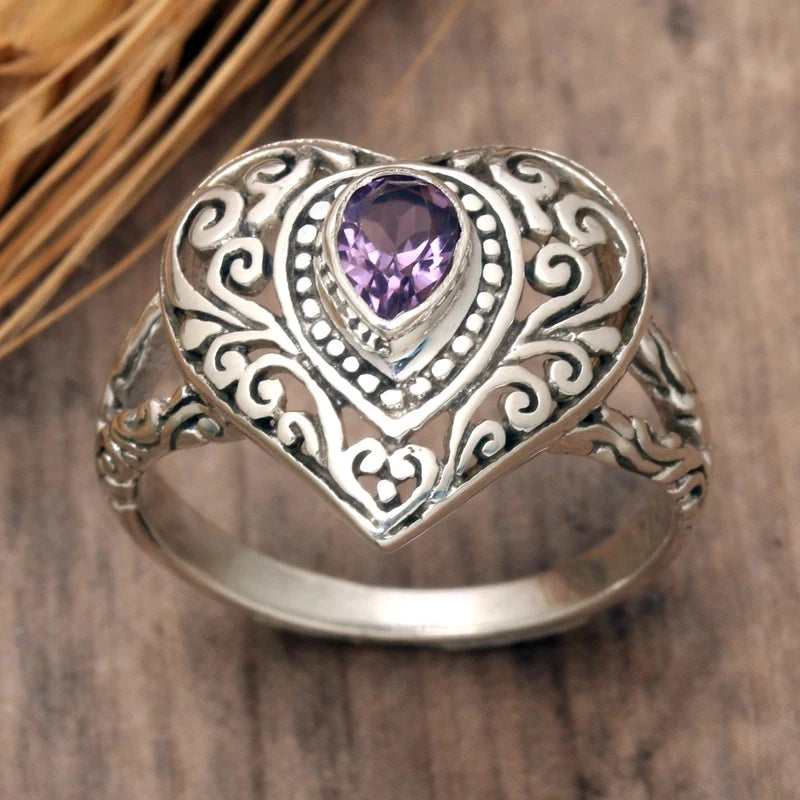 Charming Pear Purple Cubic Zirconia Heart Rings