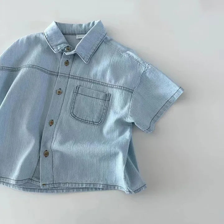 2 Pcs Denim Shirts + Shorts, Short Sleeve
