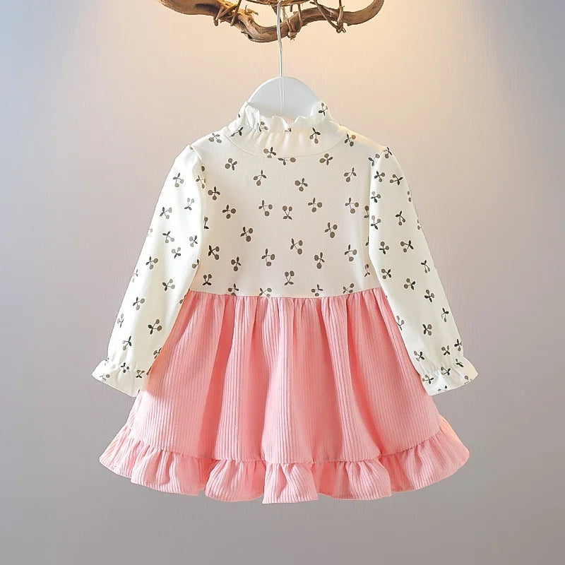 Girls Long Sleeve Floral Lovely Bear Corduroy Dress