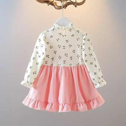 Girls Long Sleeve Floral Lovely Bear Corduroy Dress