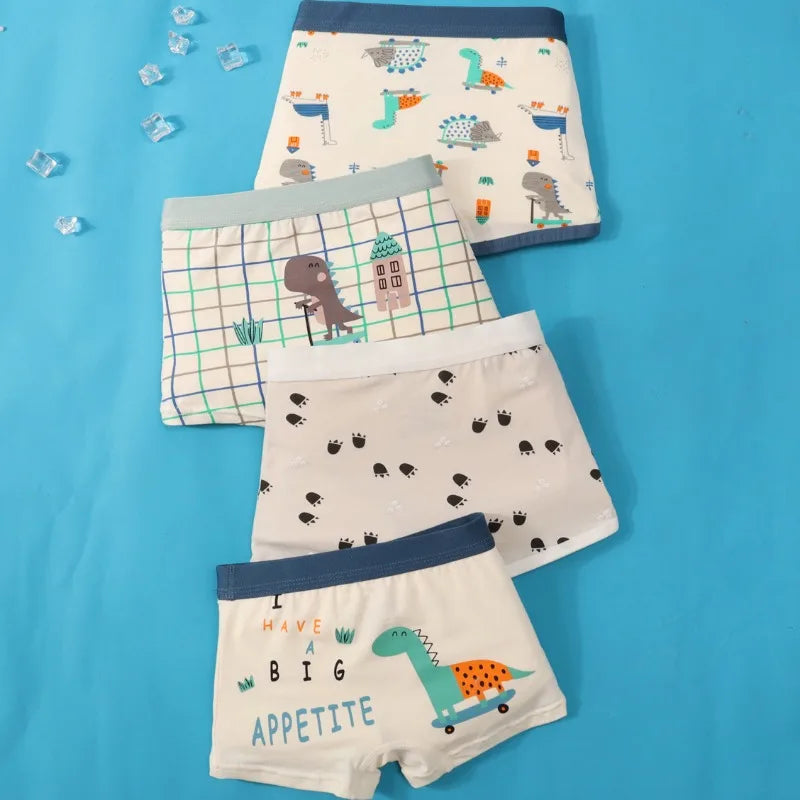 4Pcs Cute Dinosaur Boys Cotton Antibacterial Breathable Underwear