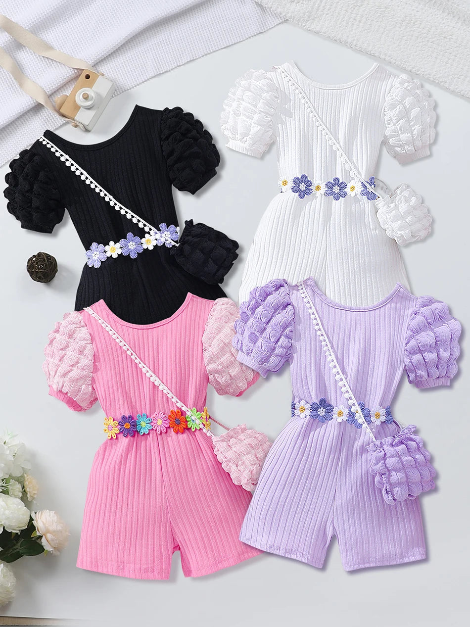 Girls Bubble Sleeve Ribbed Short Romper Set