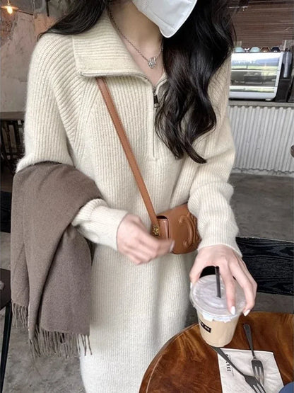 Plain Long Polo Collar Woman Knitted Dress