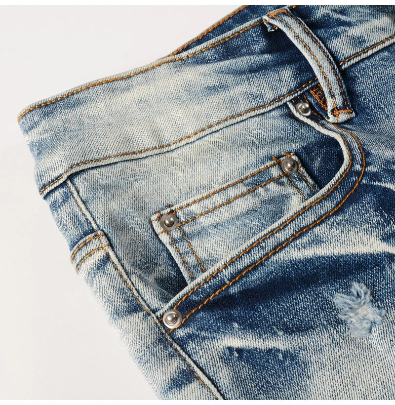 Men Paisley Bandana Print Patch Jeans Skinny
