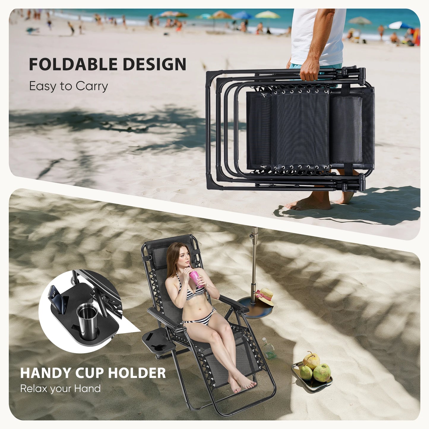 Patio Lounge Chair Folding Portable with Cup Holder